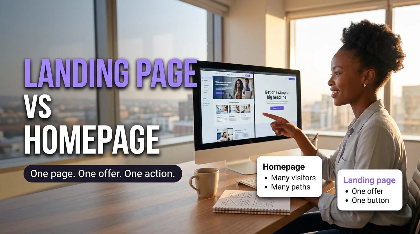 Business owner comparing a busy homepage with a focused landing page on her monitor — landing page vs homepage